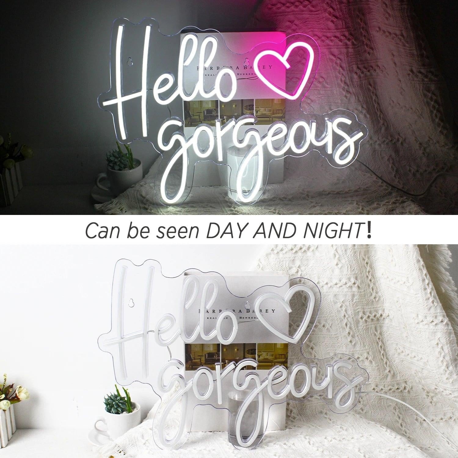 Hello Gorgeous White Purple Heart Led Neon Sign For Room Decor - Shineneon
