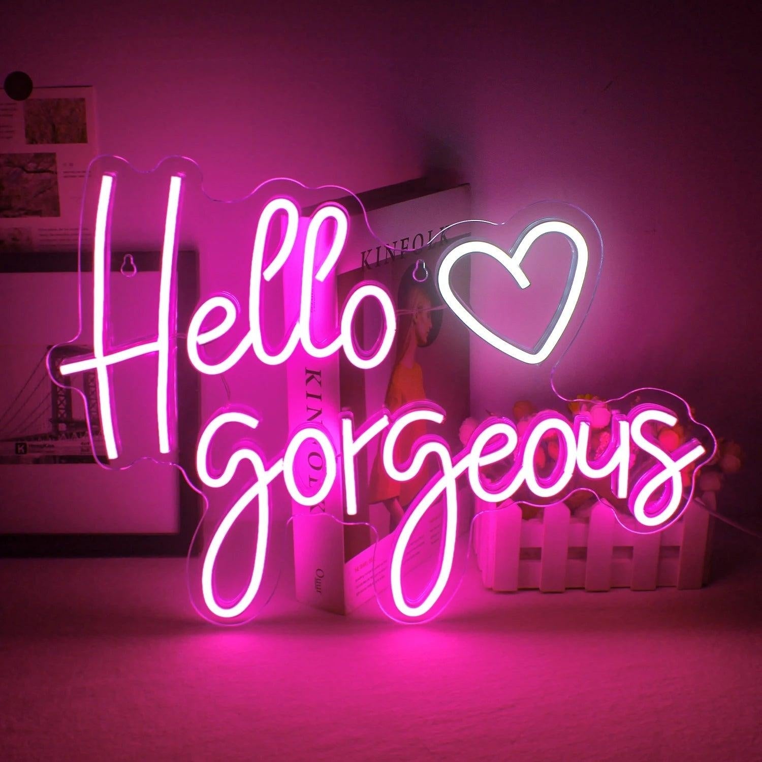 Hello Gorgeous White Purple Heart Led Neon Sign For Room Decor - Shineneon