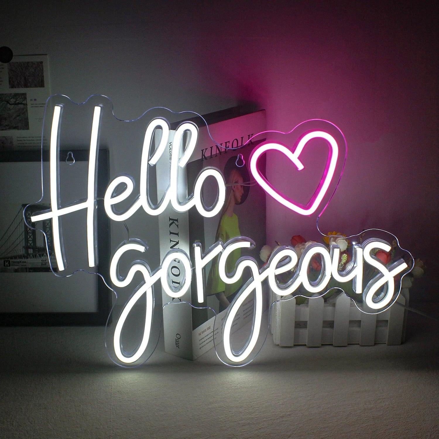 Hello Gorgeous White Purple Heart Led Neon Sign For Room Decor - Shineneon
