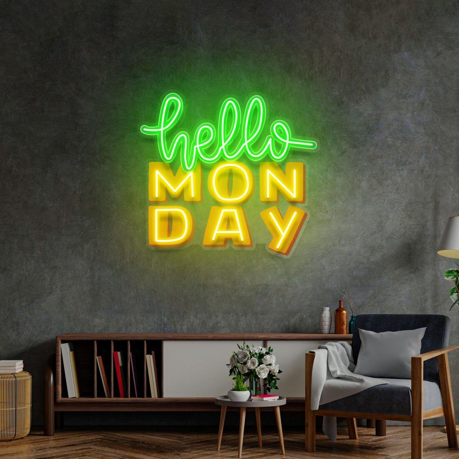 Hello Monday Uv Printed Led Neon Sign Green Yellow Home Wall Decor | Shineneon
