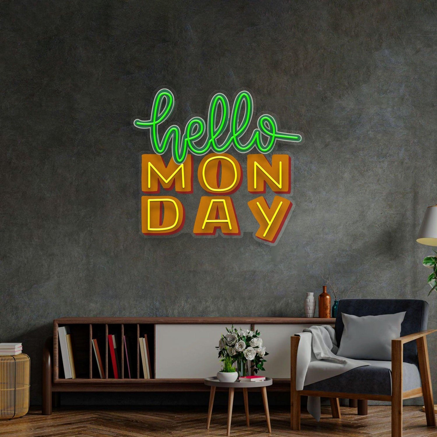 Hello Monday Uv Printed Led Neon Sign Green Yellow Home Wall Decor | Shineneon