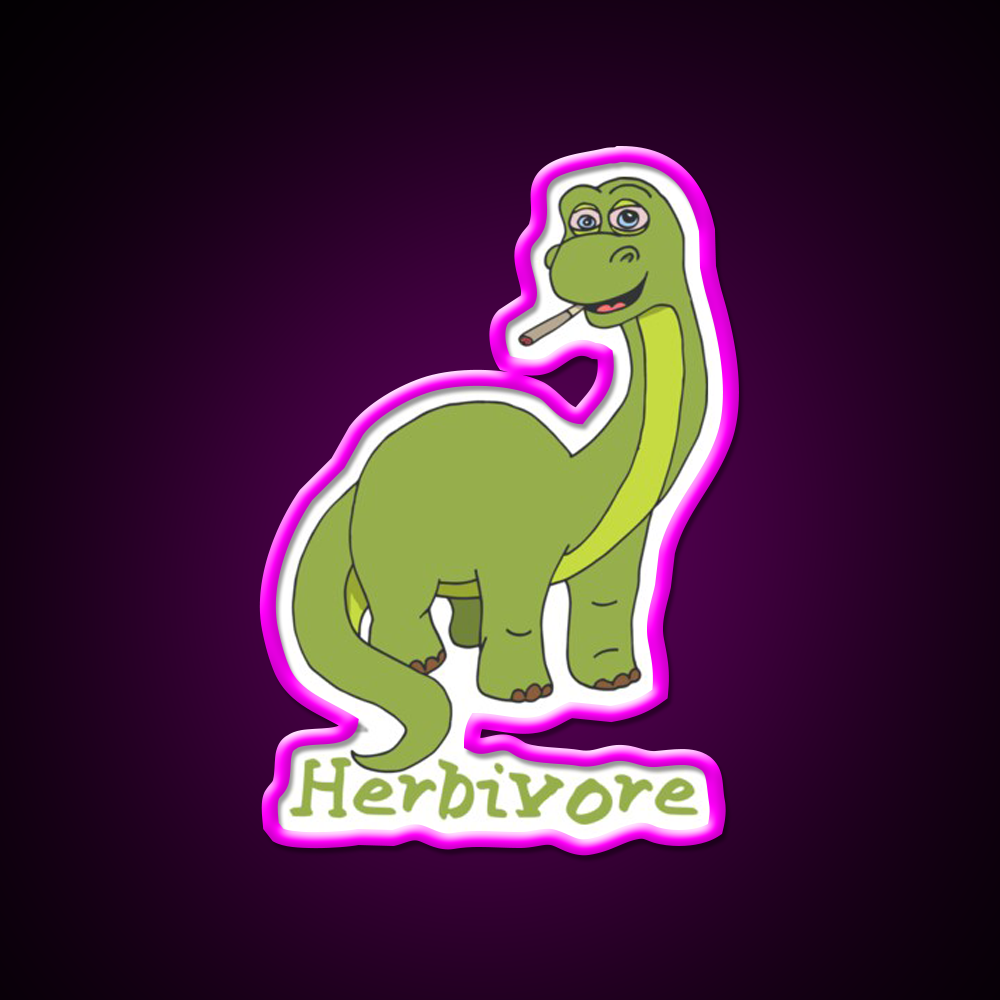 Herbivore Brontosaurus Hemp Inspired Green Leaf Led Neon Sign Rgb Color - Neon sign mounted on wall in room