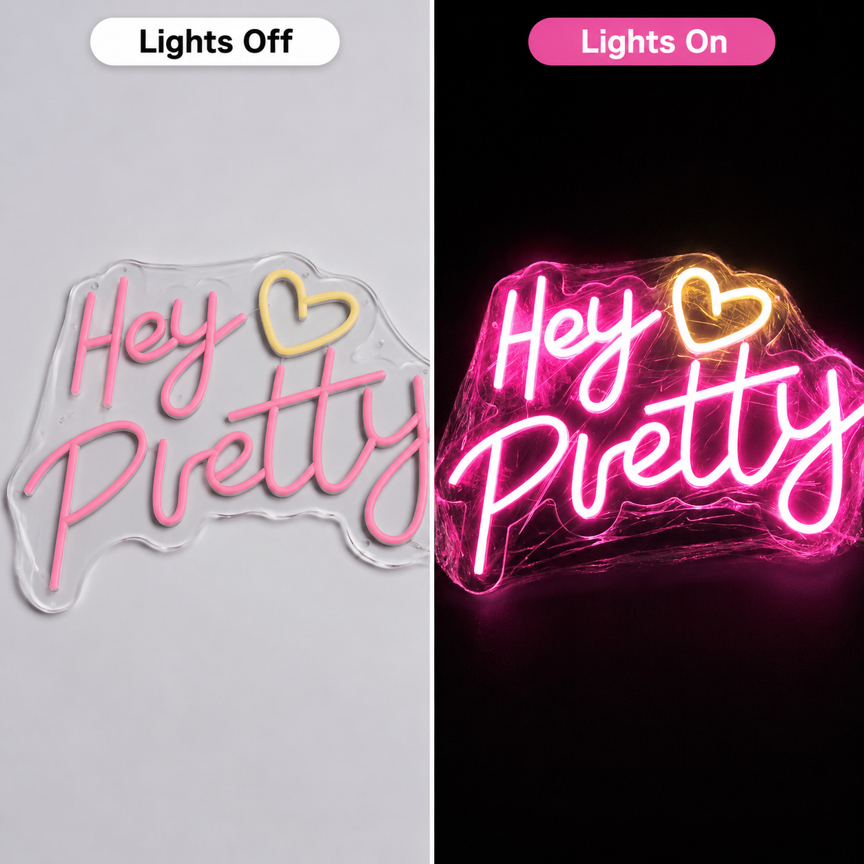 Hey Pretty LED Neon Sign - 06 Day Night Comparison
