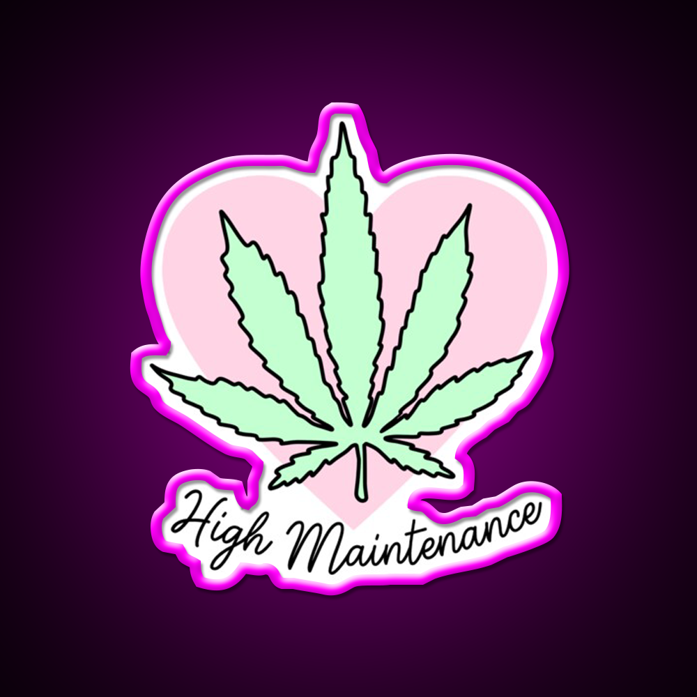 High Maintenance Hemp Inspired Green Leaf Led Neon Sign Rgb Color - Neon sign mounted on wall in room
