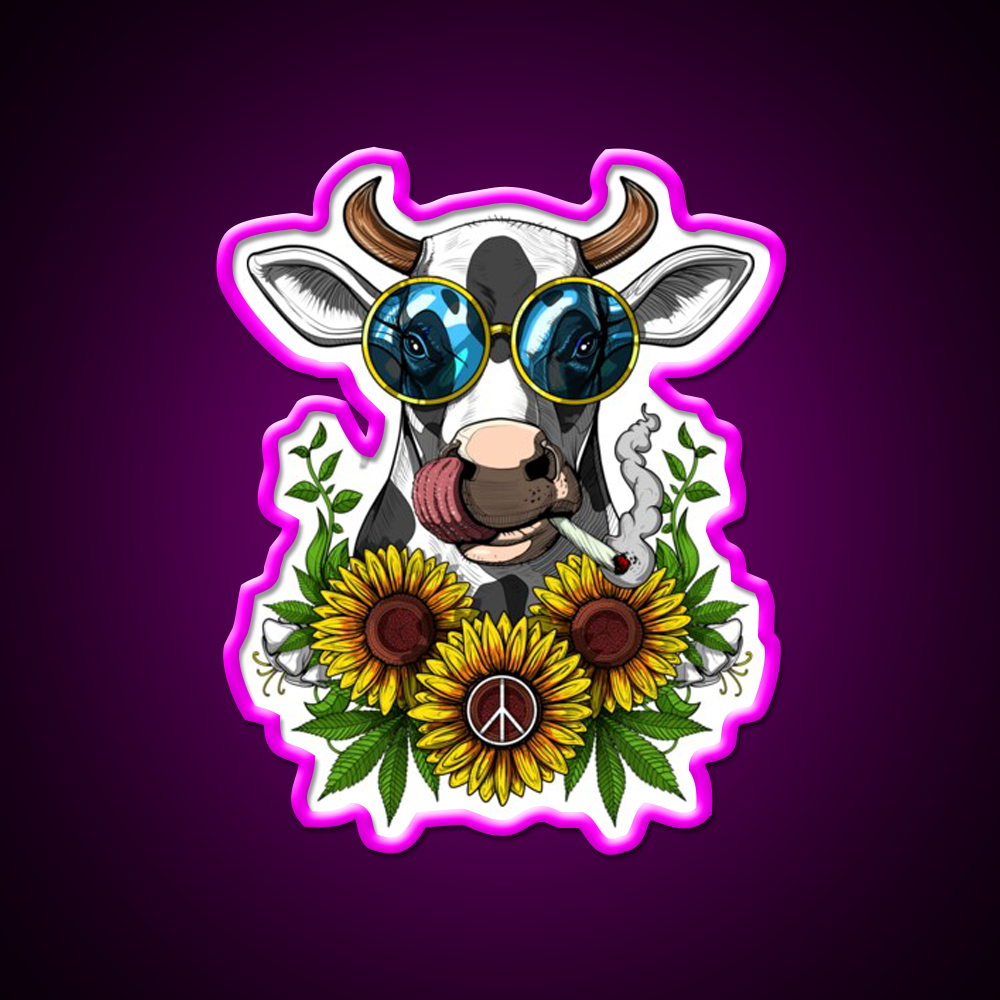 Hippie Cow Stoner Hemp Inspired Green Leaf Led Neon Sign Rgb Color - Neon sign mounted on wall in room
