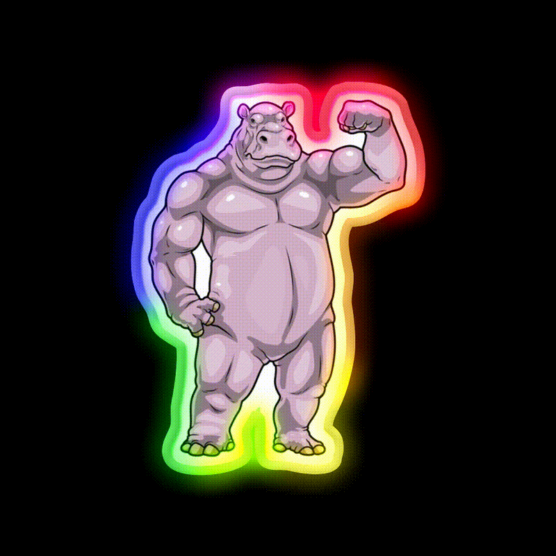 Hippo Bodybuilder Bodybuilding Gym Fitness Led Neon Sign Rgb Color - LED neon sign close-up detail