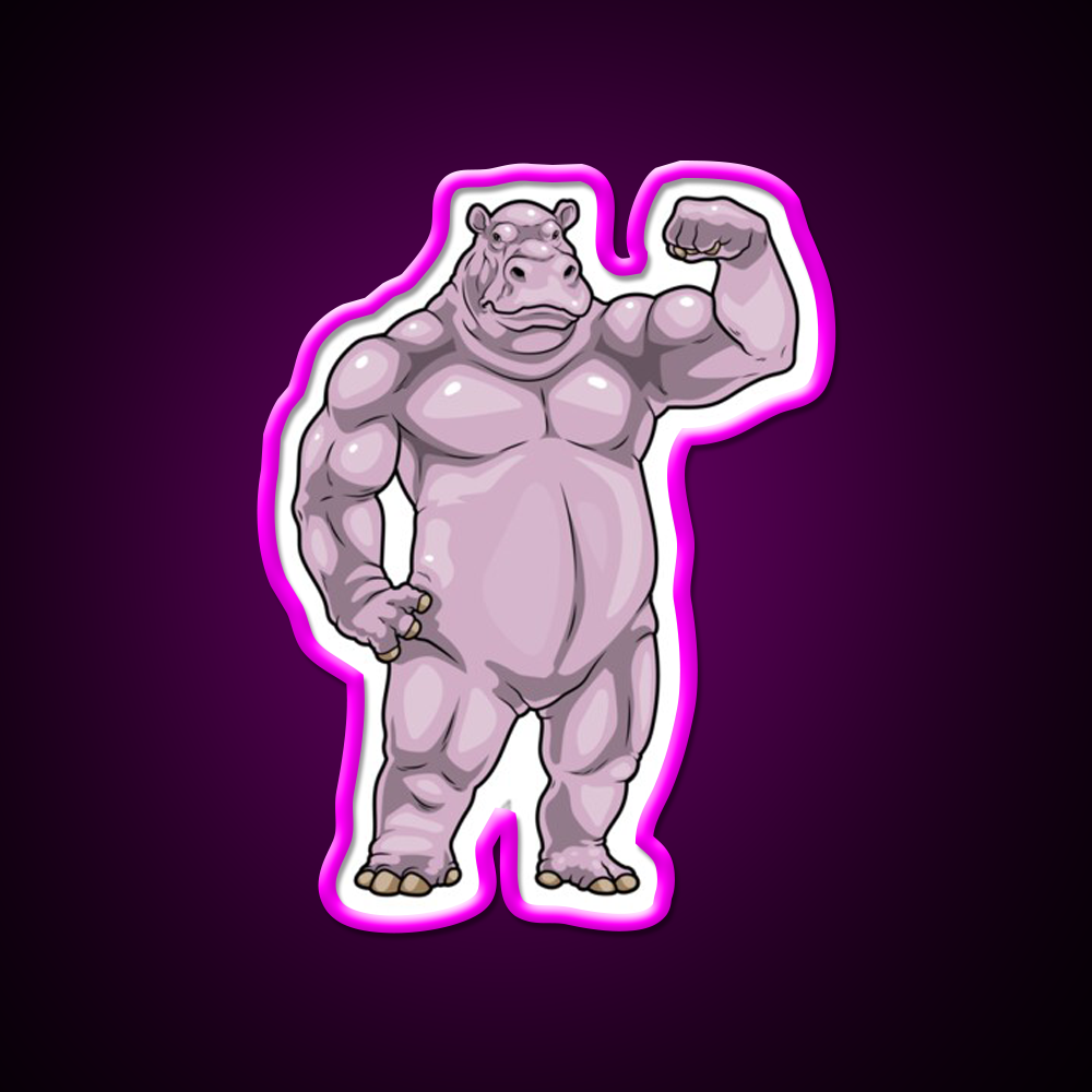 Hippo Bodybuilder Bodybuilding Gym Fitness Led Neon Sign Rgb Color - Neon sign mounted on wall in room