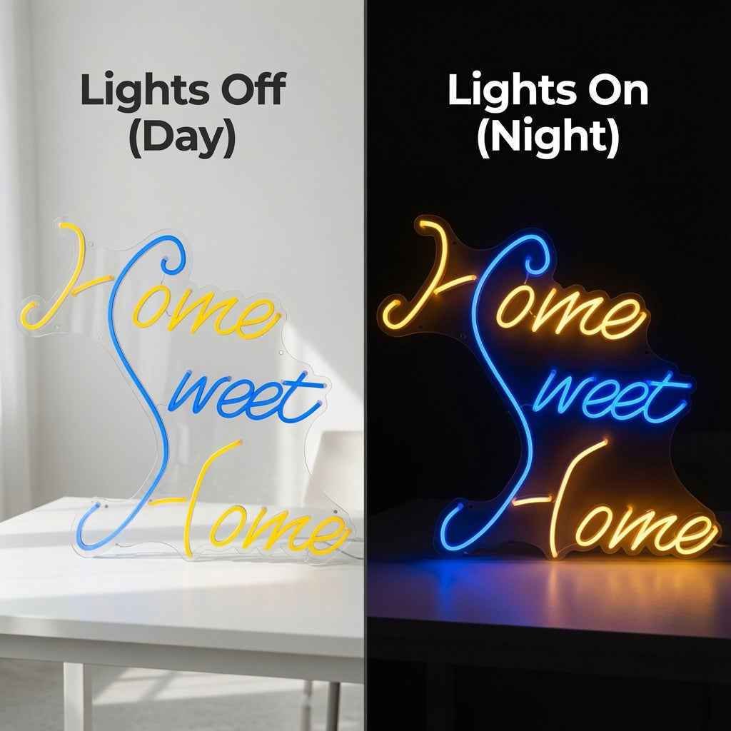Home Sweet Home Handwritten LED Neon Sign - 06 Day Night Comparison