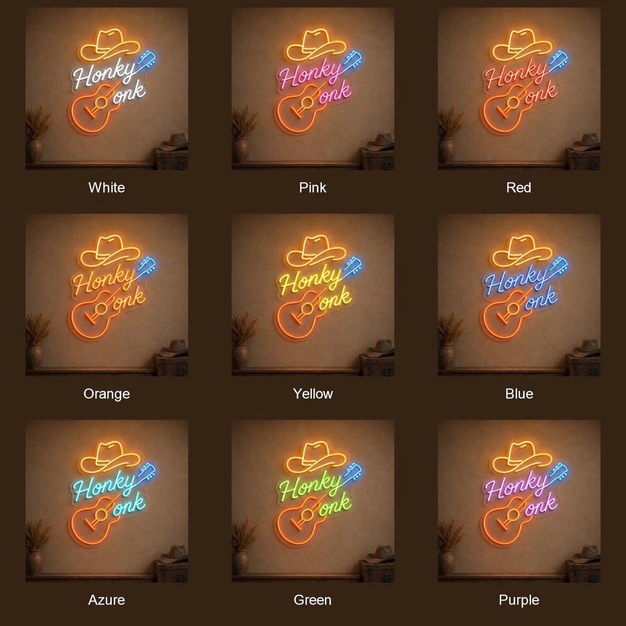 Honky Tonk Guitar And Cowboy Hat LED Neon Sign color grid