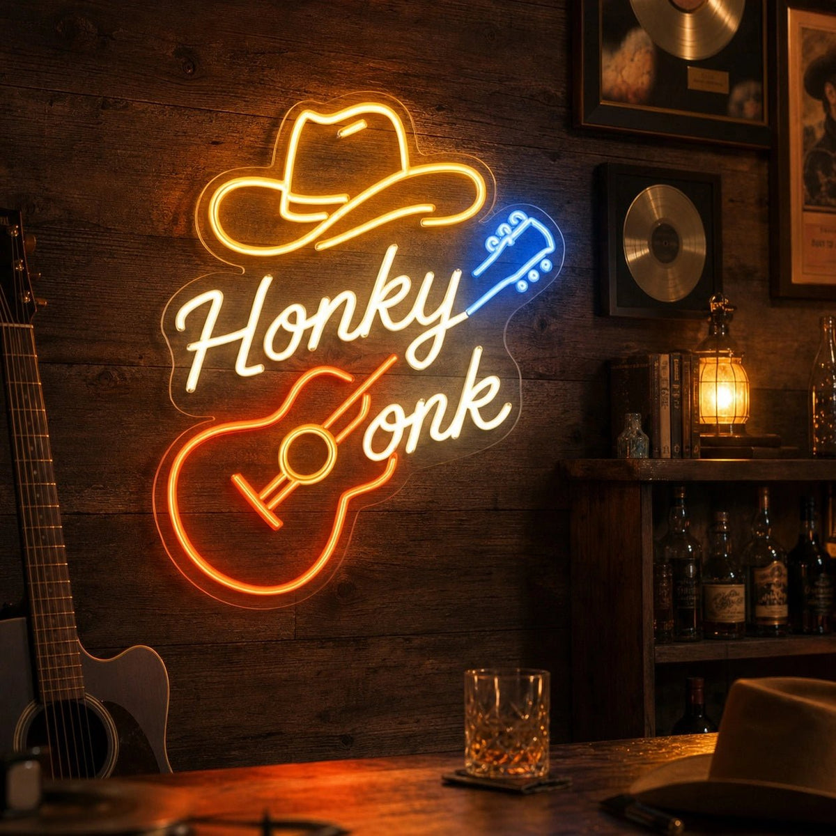 Honky Tonk Guitar And Cowboy Hat LED Neon Sign - Shineneon