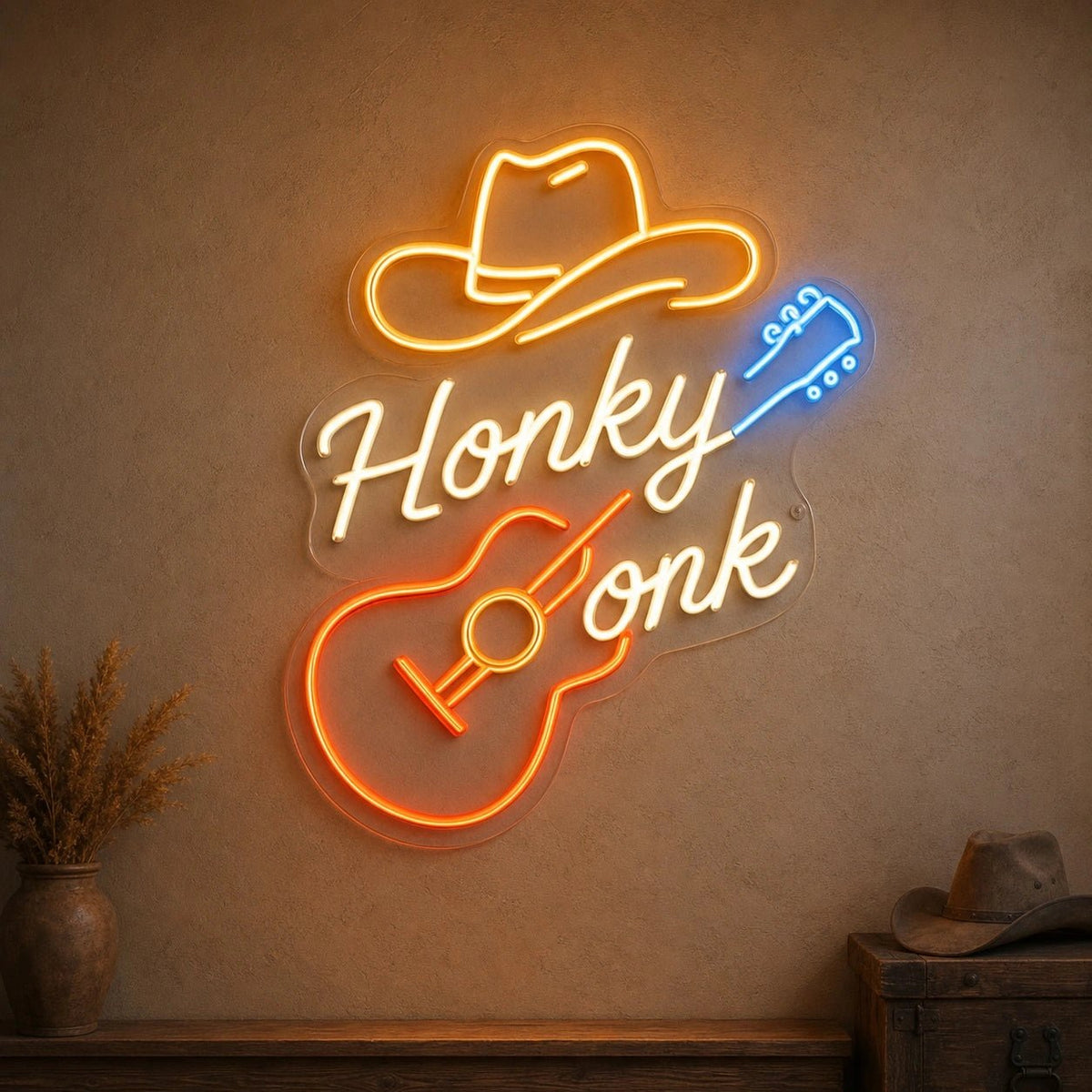 Honky Tonk Guitar And Cowboy Hat LED Neon Sign - Shineneon
