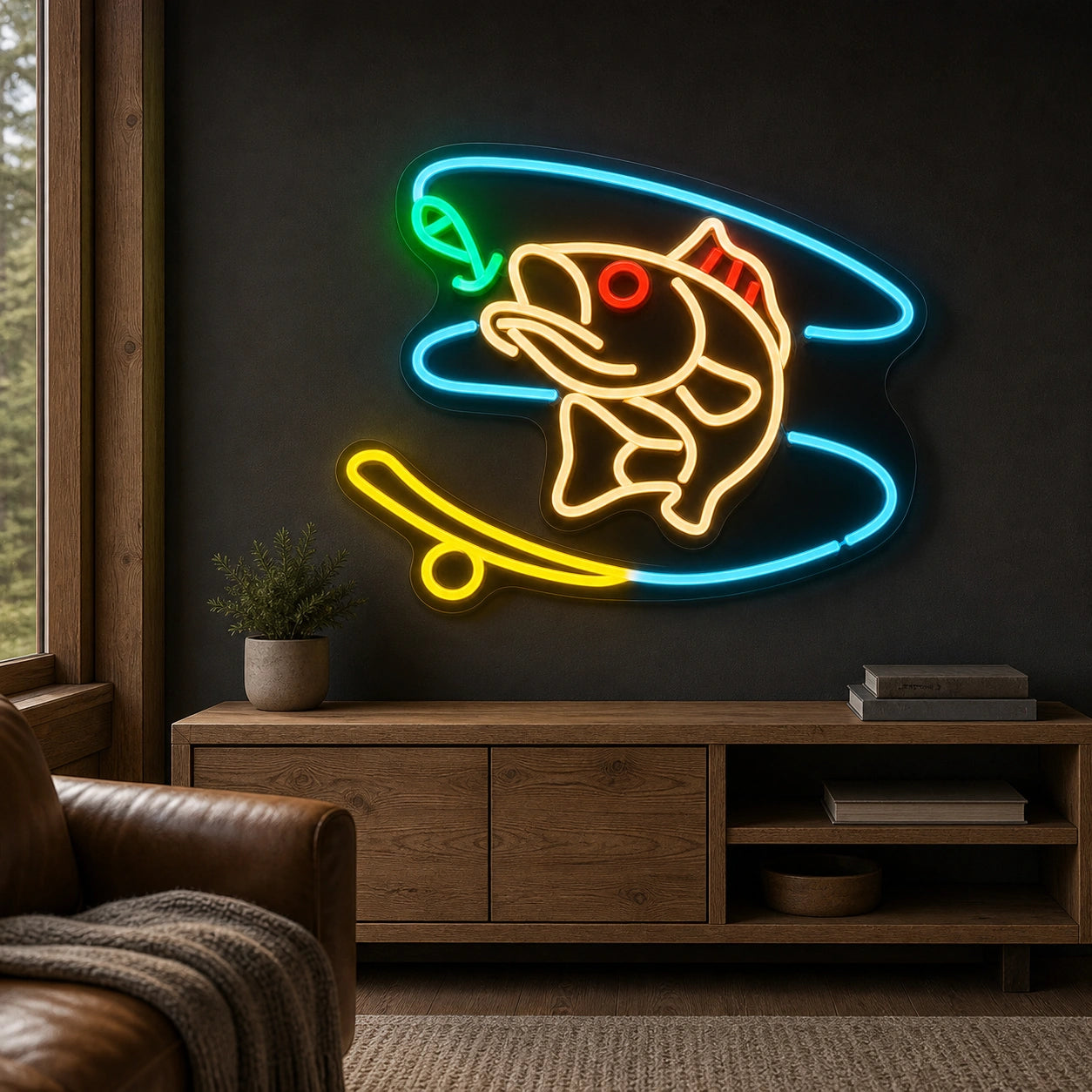 Hooked Bass Fish And Fishing Line LED Neon Sign Garage Neon Sign real lifestyle scene