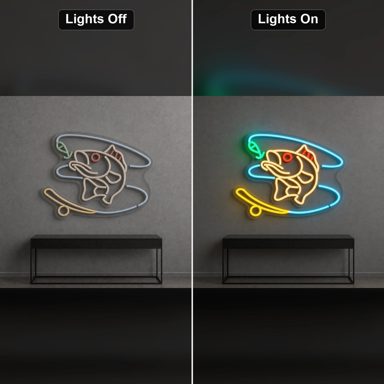 Hooked Bass Fish And Fishing Line LED Neon Sign Home Garage Wall Decoration day and night comparison
