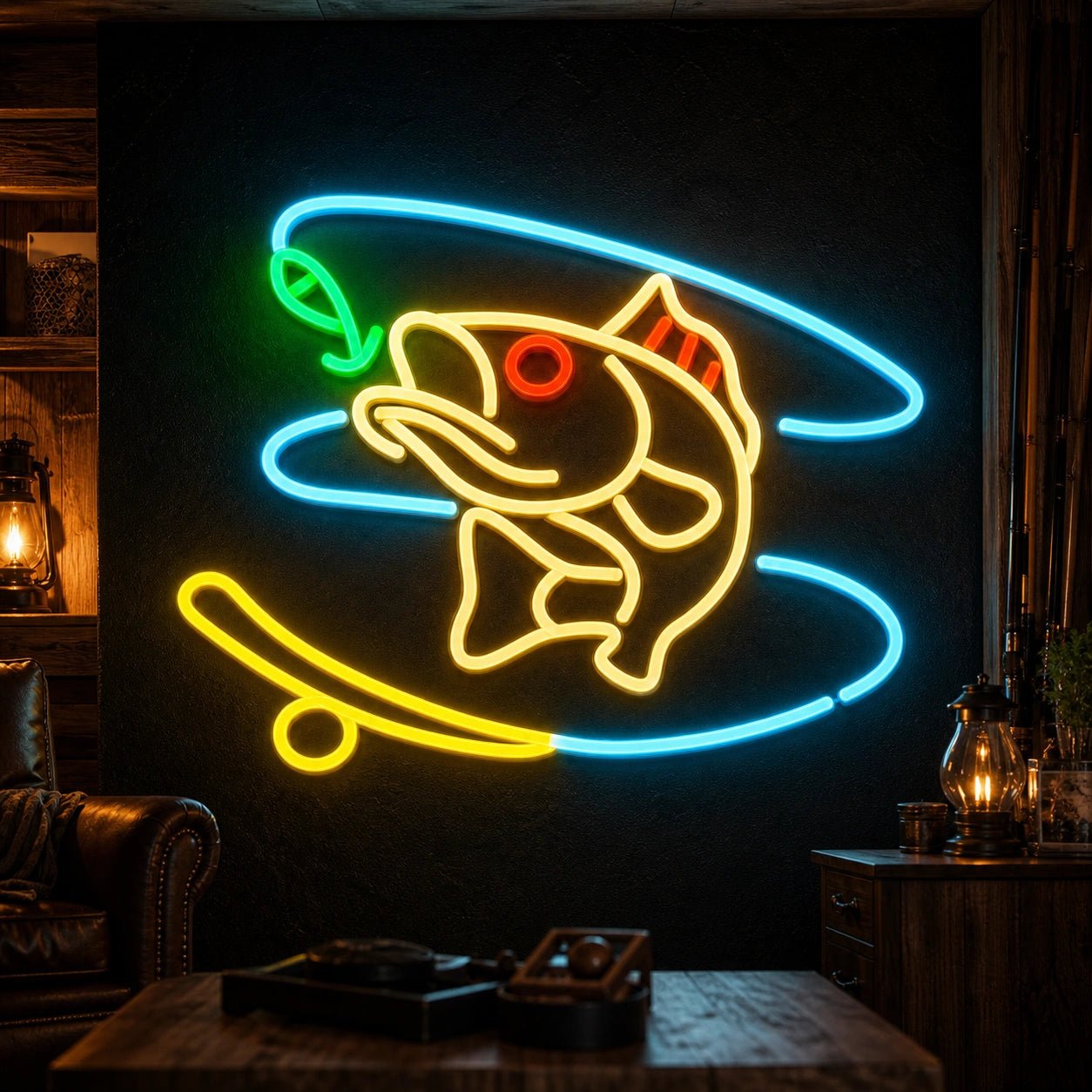 Hooked Bass Fish And Fishing Line LED Neon Sign Man Cave Neon Sign - Shineneon