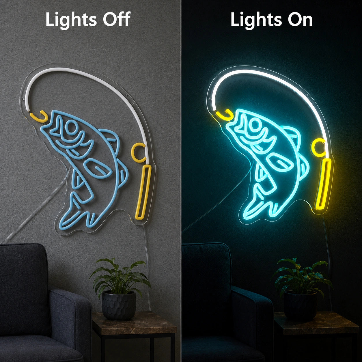 Hooked Fish Fishing Rod LED Neon Sign day and night comparison