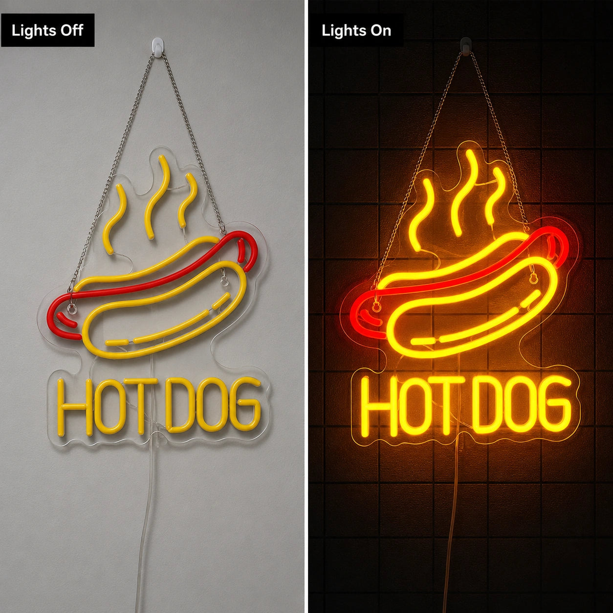 Hot Dog Steam Neon Sign LED Neon Sign day and night comparison