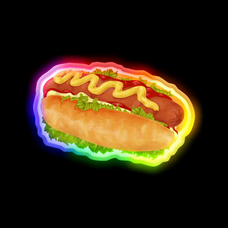 Hot Dog With Mustard And Ketchup Snack Food Led Neon Sign Rgb Color - LED neon sign close-up detail