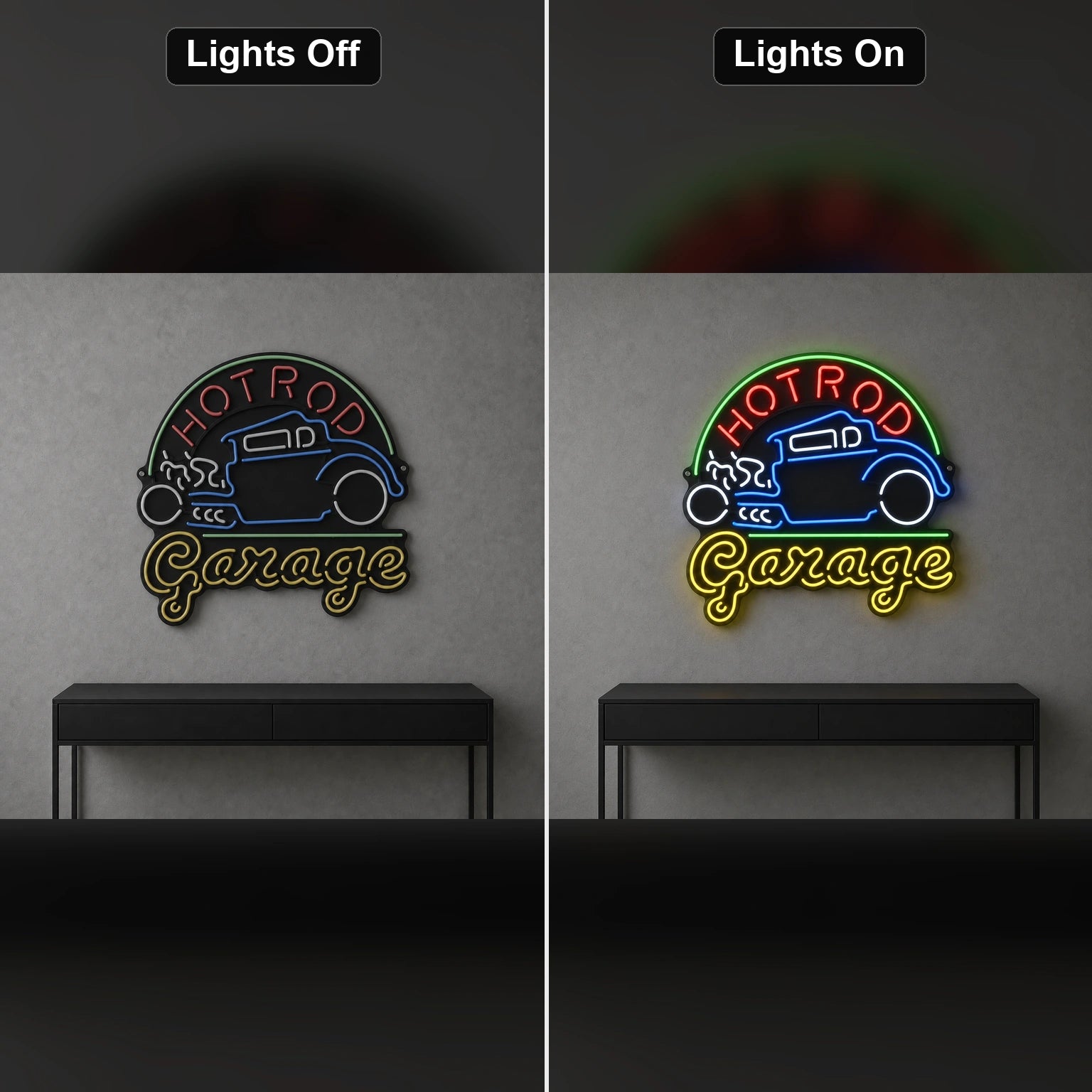 Hot Rod Garage LED Neon Sign Home Garage Wall Decoration day and night comparison