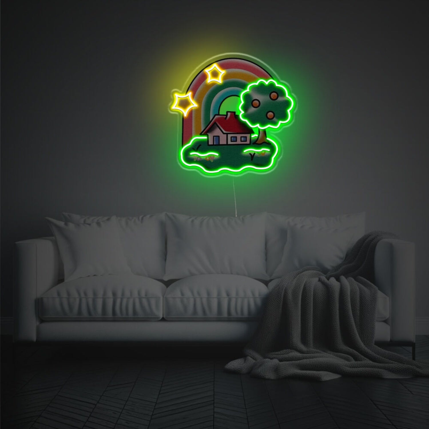 House Land With Rainbow And Stars Led Neon Acrylic Artwork | Shineneon