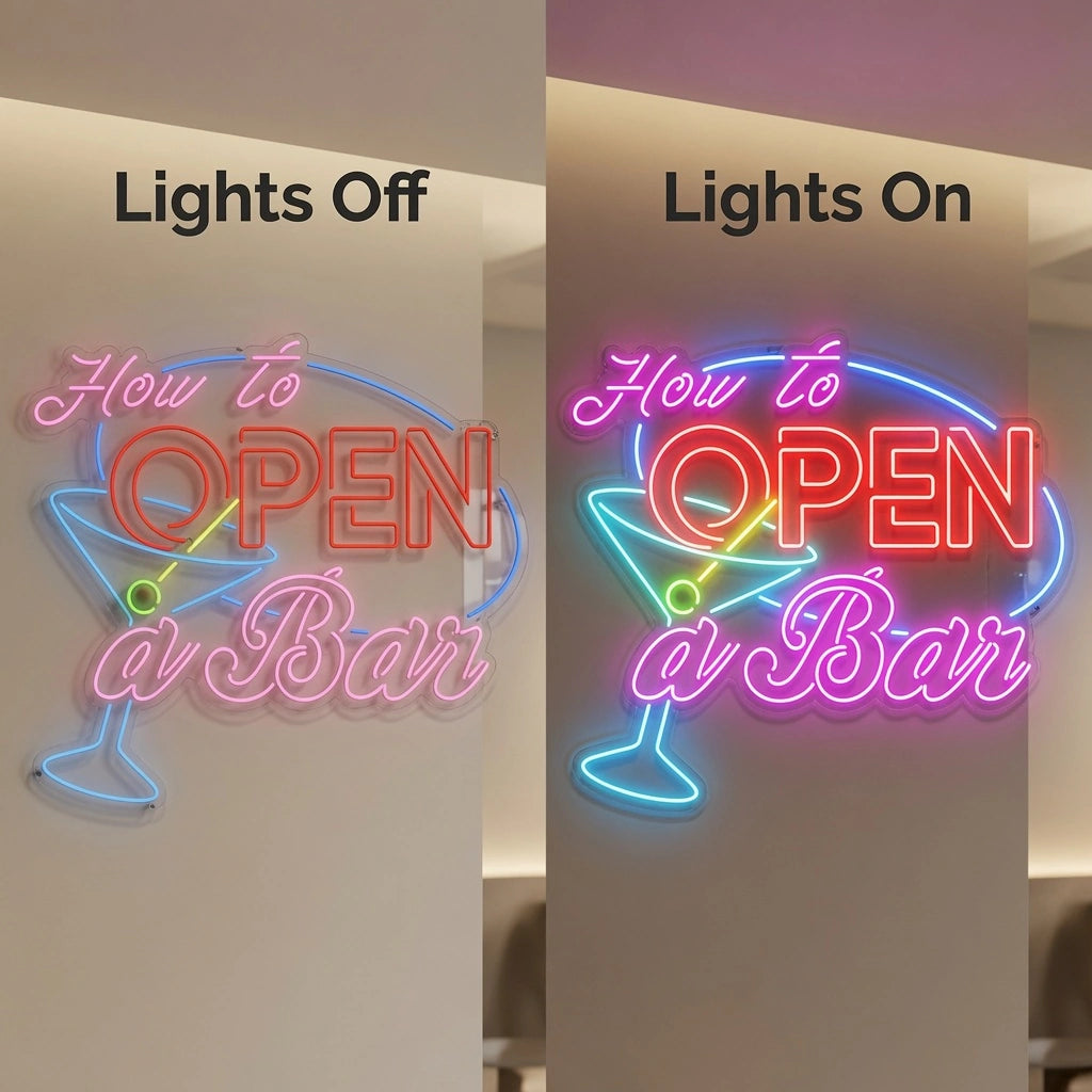 How To Open A Bar Wall Decor LED Neon Sign - 06 Day Night Comparison