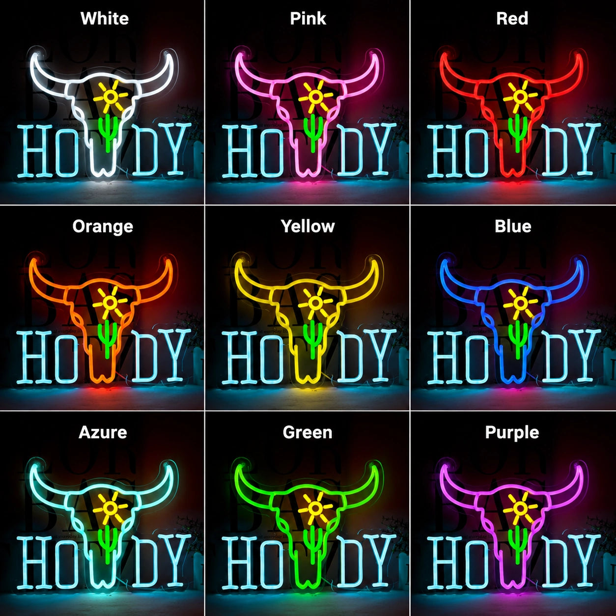 Howdy Cactus Longhorn Neon Sign LED Neon Sign color grid
