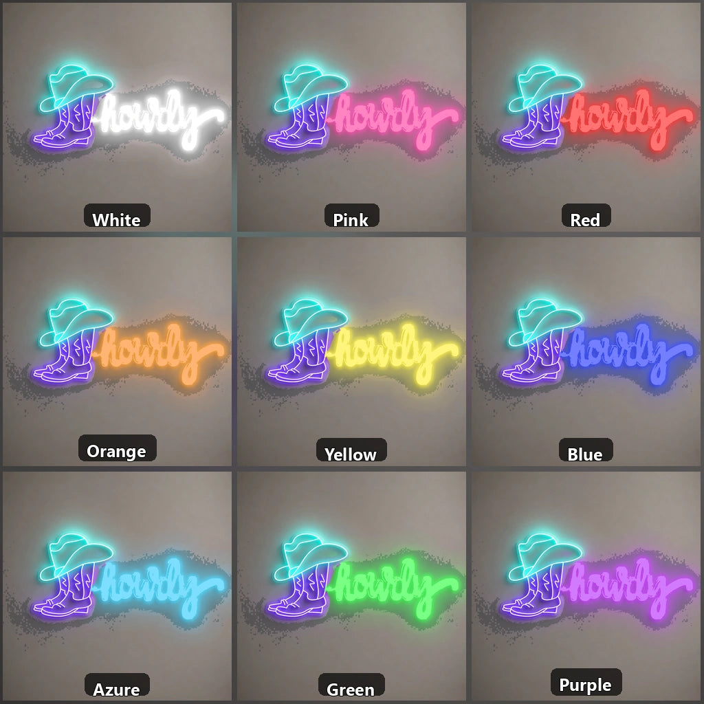 Howdy Cowboy Boot Hat Vintage LED Neon Sign color grid
