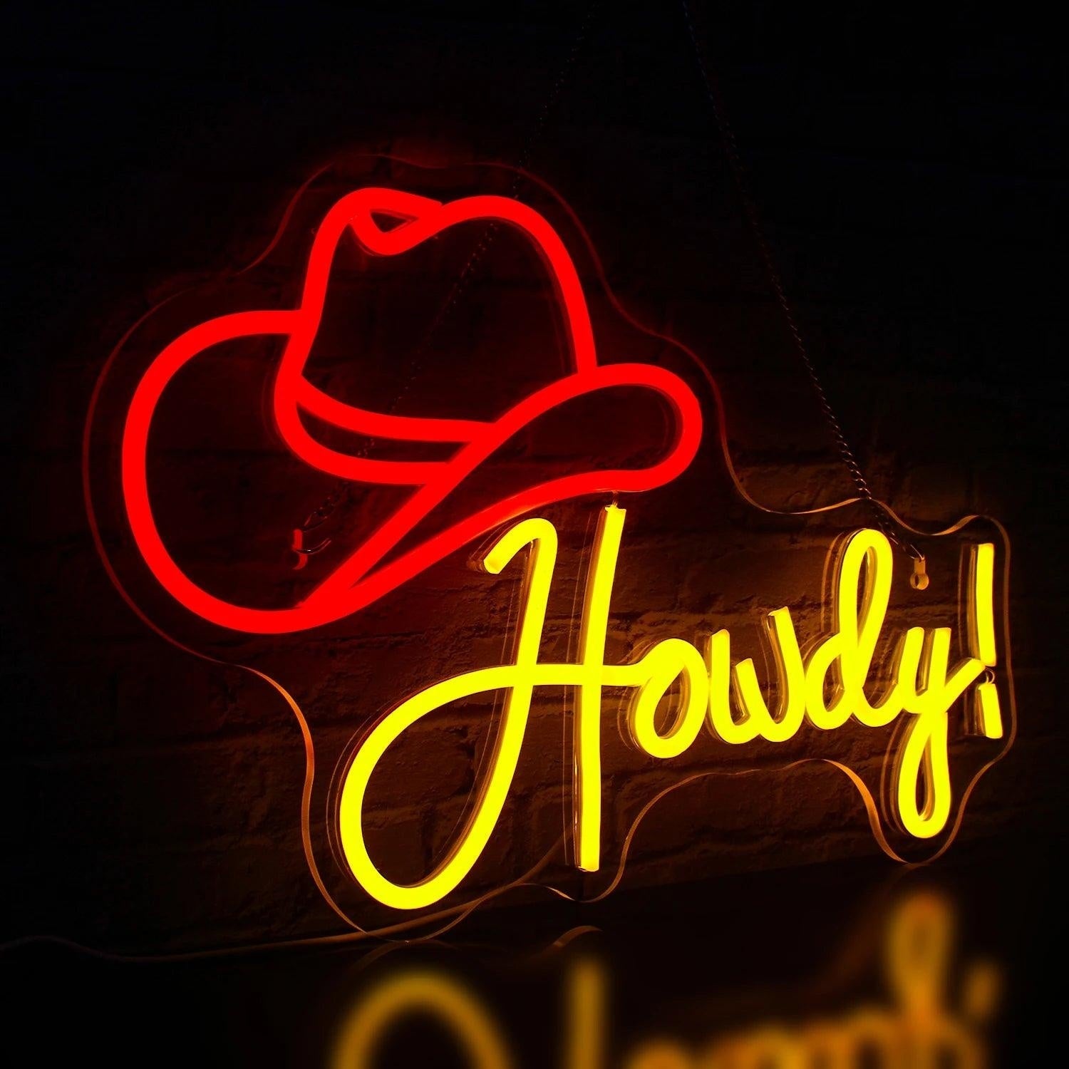Howdy Cowboy Hat Red - Yellow Led Neon Sign Western Indoor Decor - Shineneon