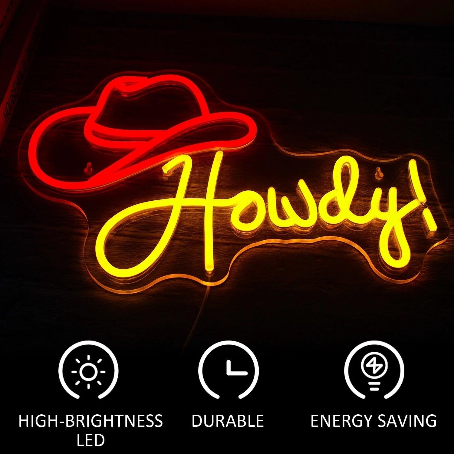 Howdy Cowboy Hat Red - Yellow Led Neon Sign Western Indoor Decor - Shineneon