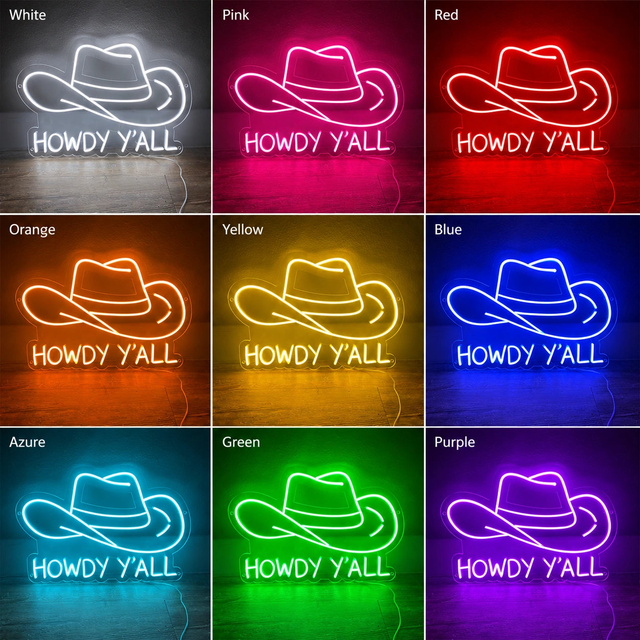 Howdy Yall Cowboy Hat Neon Sign LED Neon Sign color grid