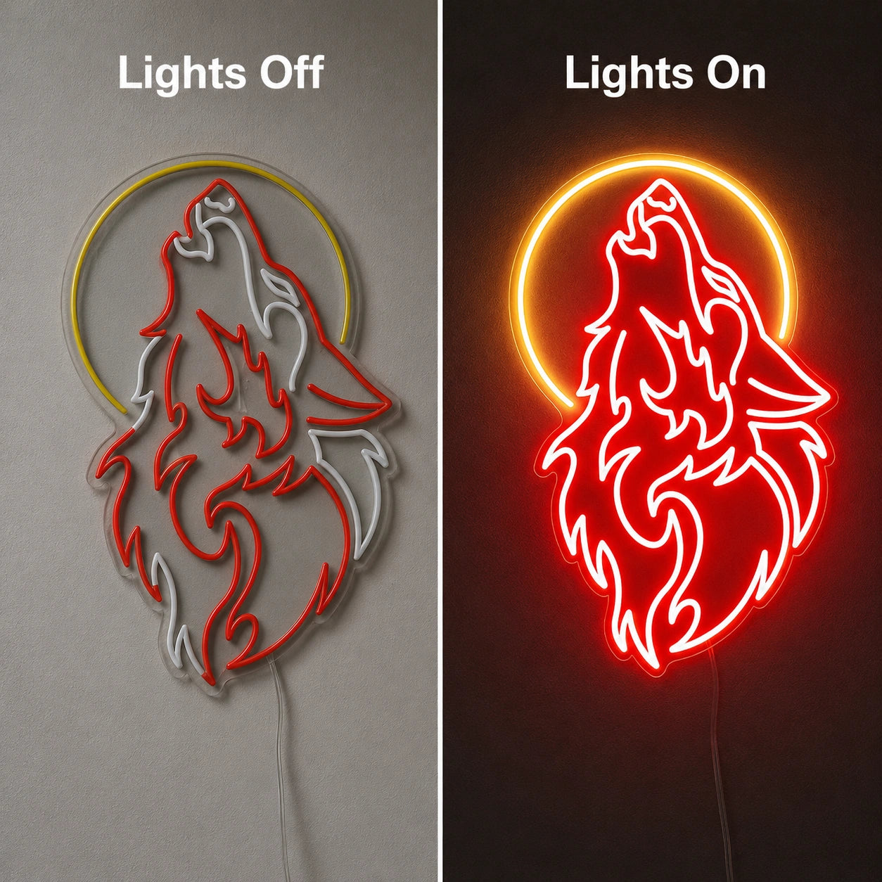 Howling Wolf Halo Neon Sign LED Neon Sign day and night comparison