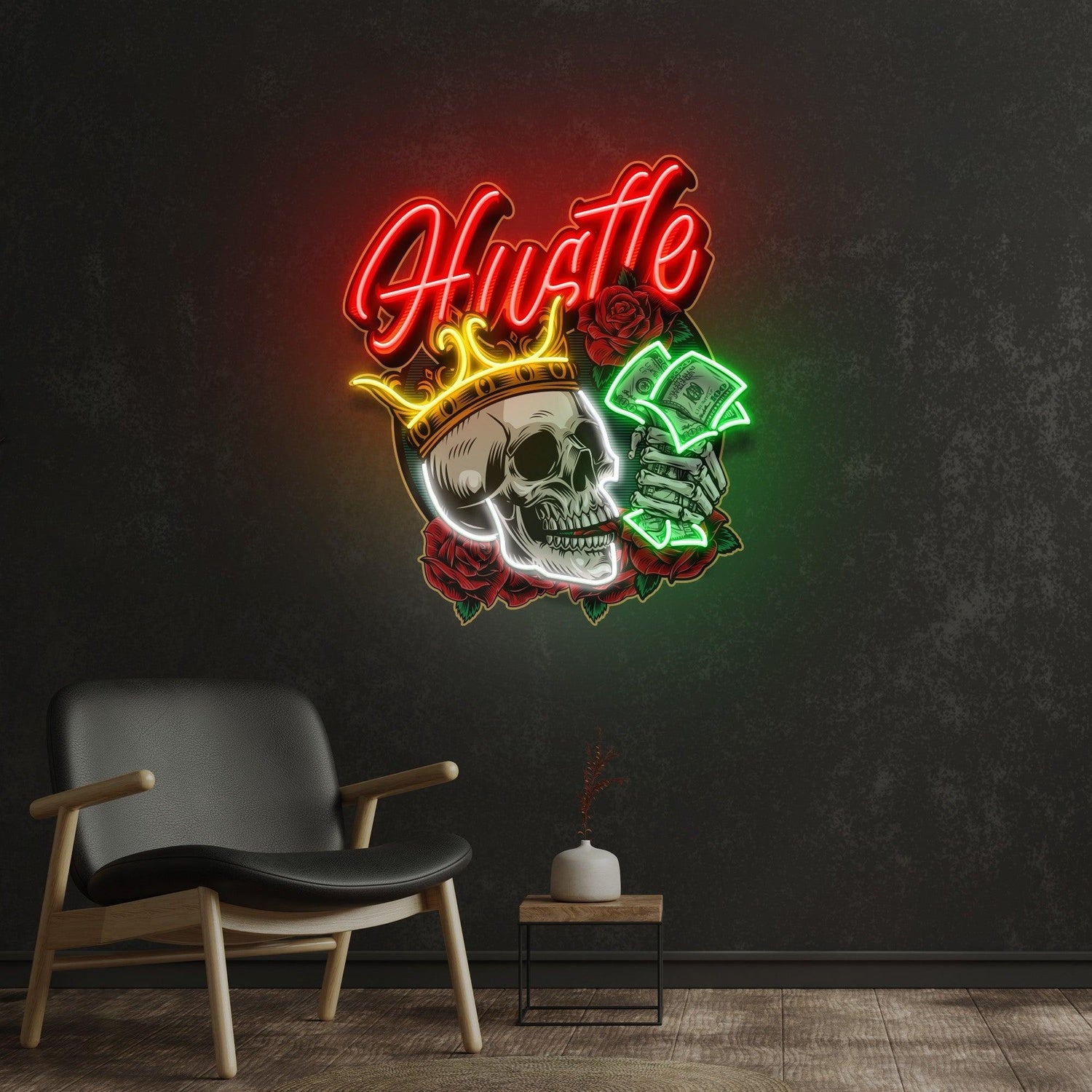 Hustle Rich Skull Crown Uv Printed Led Neon Sign For Room Studio Decor | Shineneon