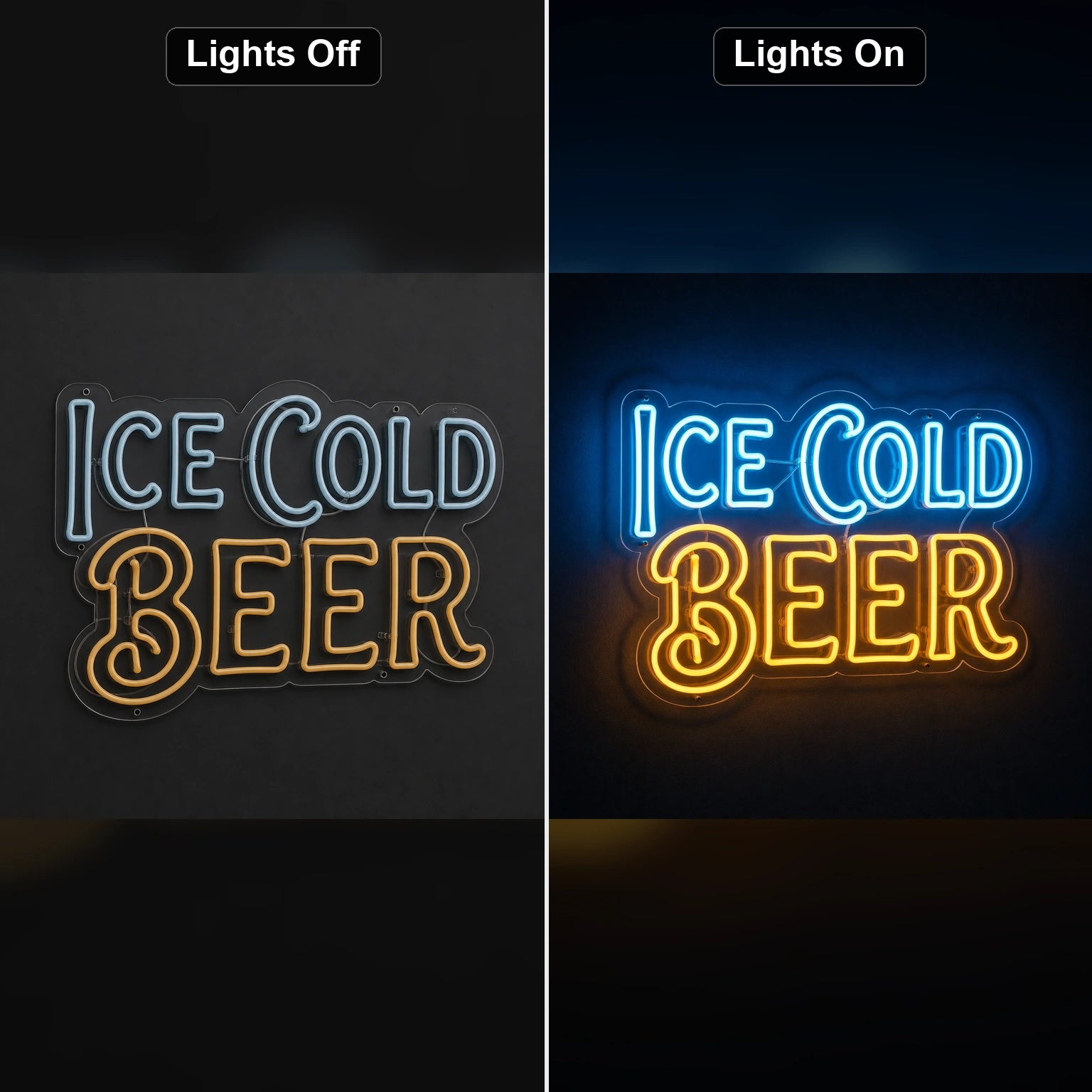 Ice Cold Beer LED Neon Sign Man Cave Neon Sign day and night comparison
