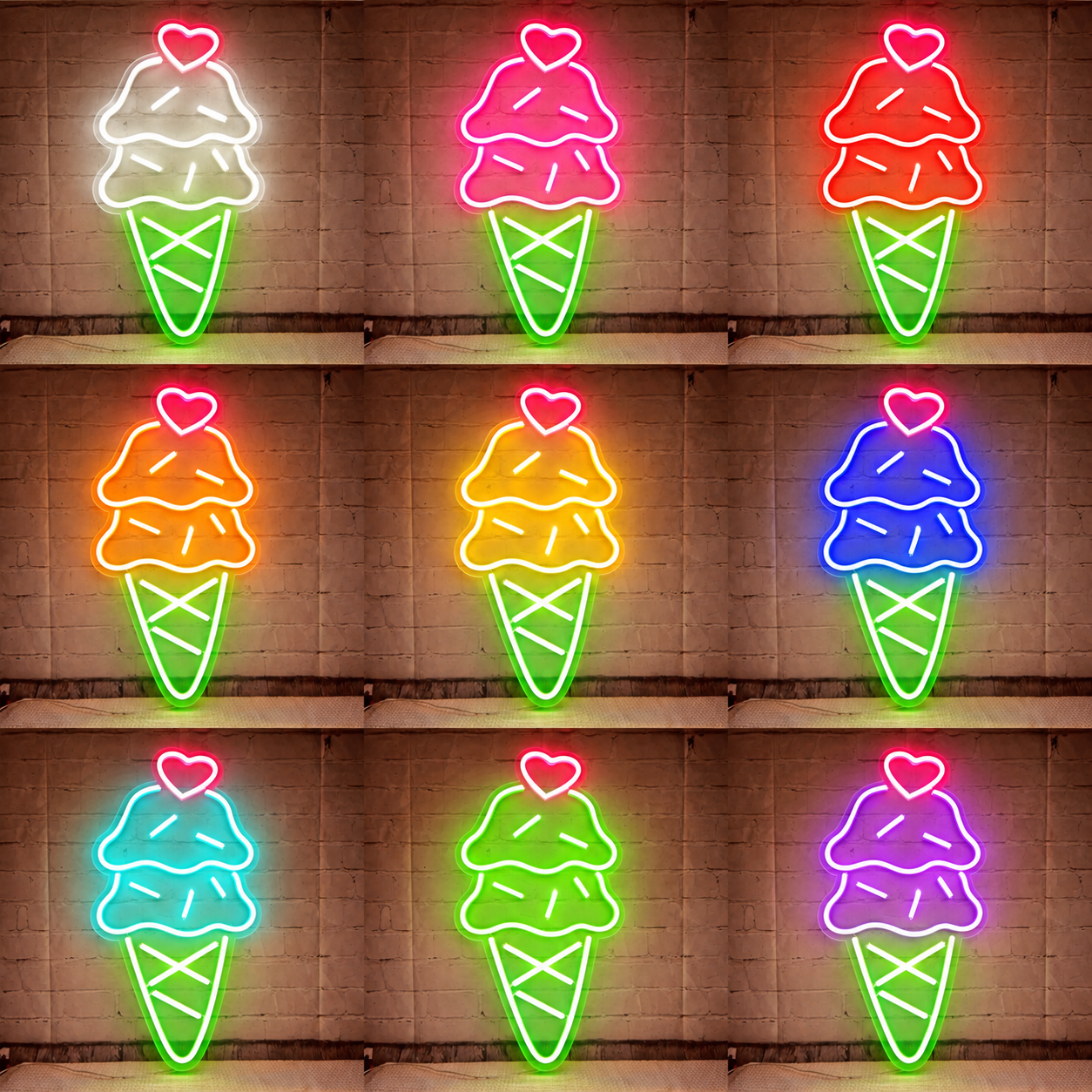 Ice Cream Cone LED Neon Sign With Heart Multi Color Dessert Neon color grid