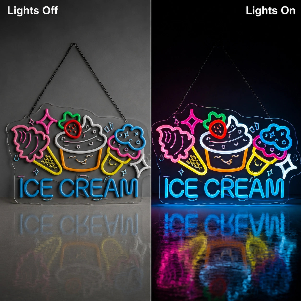 Ice Cream Shop LED Neon Sign Wall Neon Sign - 06 Day Night Comparison