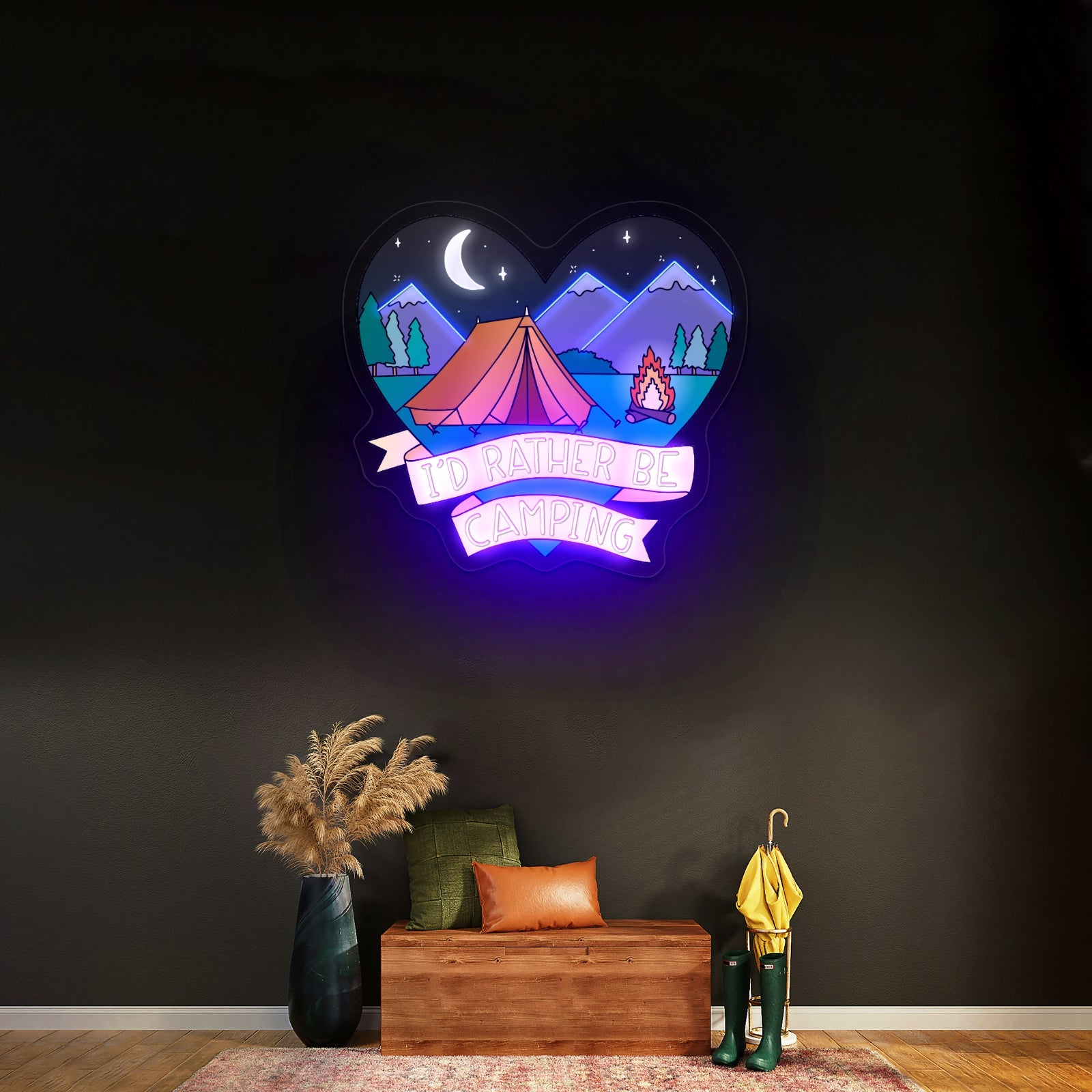 Id Rather Be Camping Heart Nature Artwork Pink Neon Sign - Shineneon