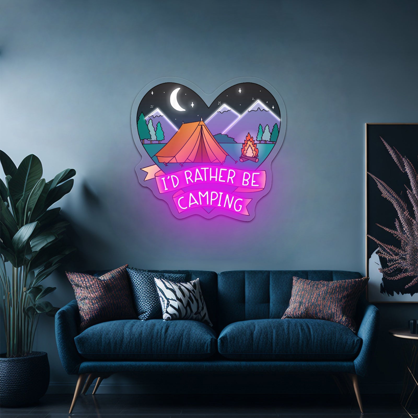 Id Rather Be Camping Heart Nature Artwork Pink Neon Sign