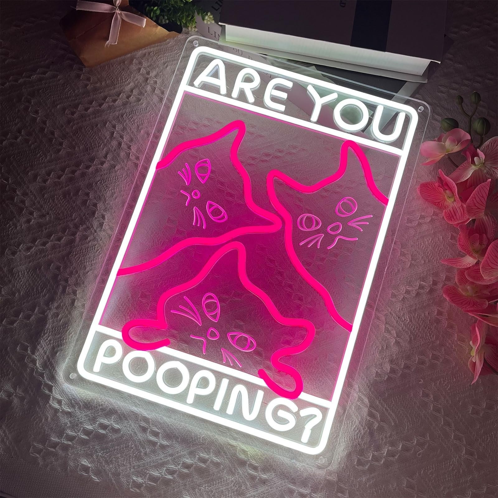 Funny Curious Kitty Cats “Are You Pooping?” LED Neon Sign for bathroom and Gift Wall Decor