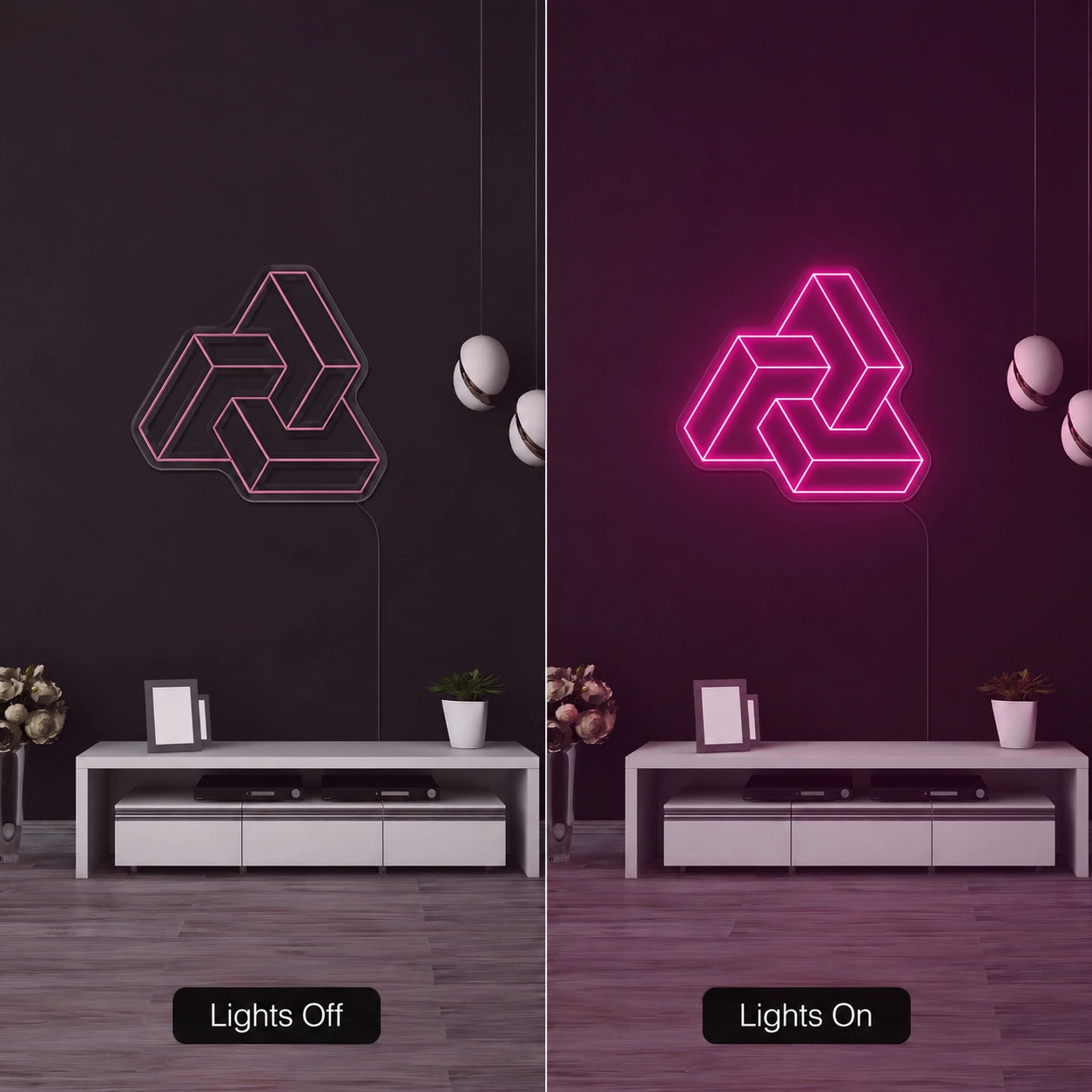 Impossible Triangle Neon Sign LED Neon Sign day and night comparison