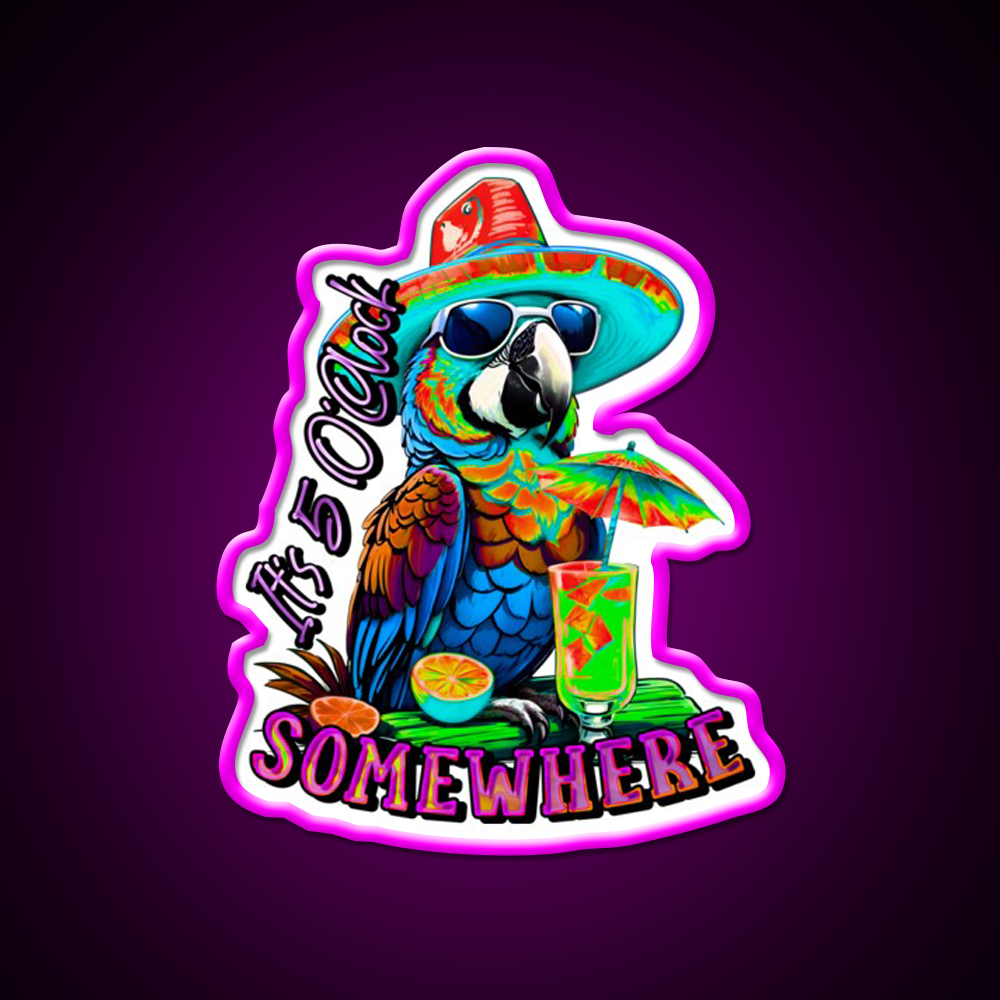 Its 5 Oclock Somewhere Tropical Parrot Cocktail Bar Decor Led Neon Sign Rgb Color - Neon sign mounted on wall in room