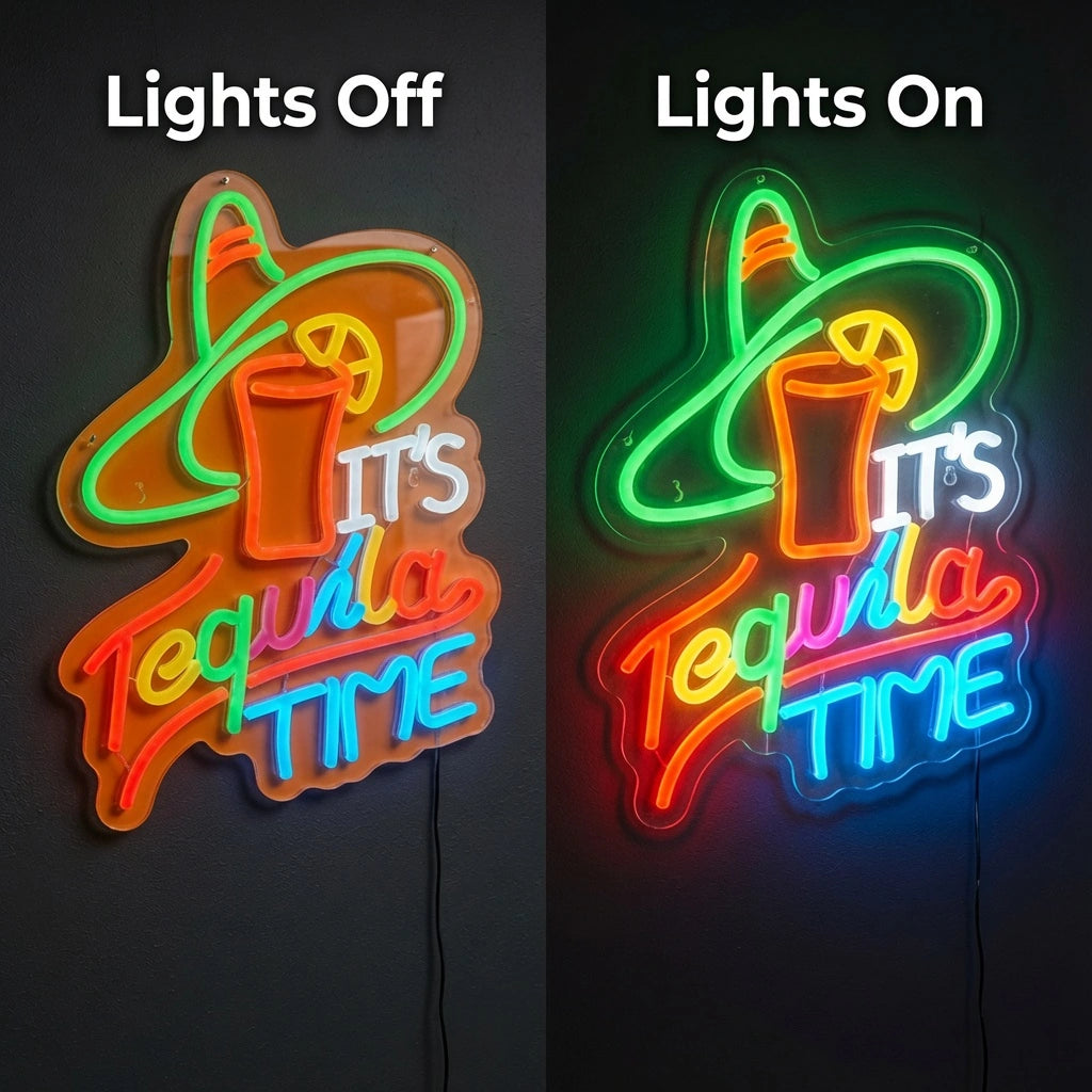 It's Tequila Time LED Neon Sign - 06 Day Night Comparison