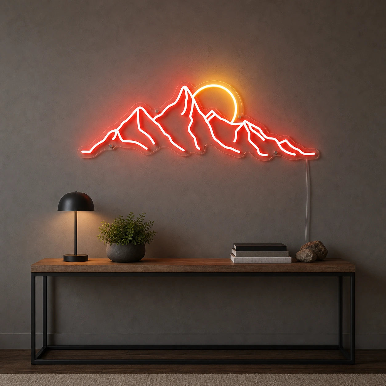 Jagged Mountain Range And Partial Sun LED Neon Sign size image
