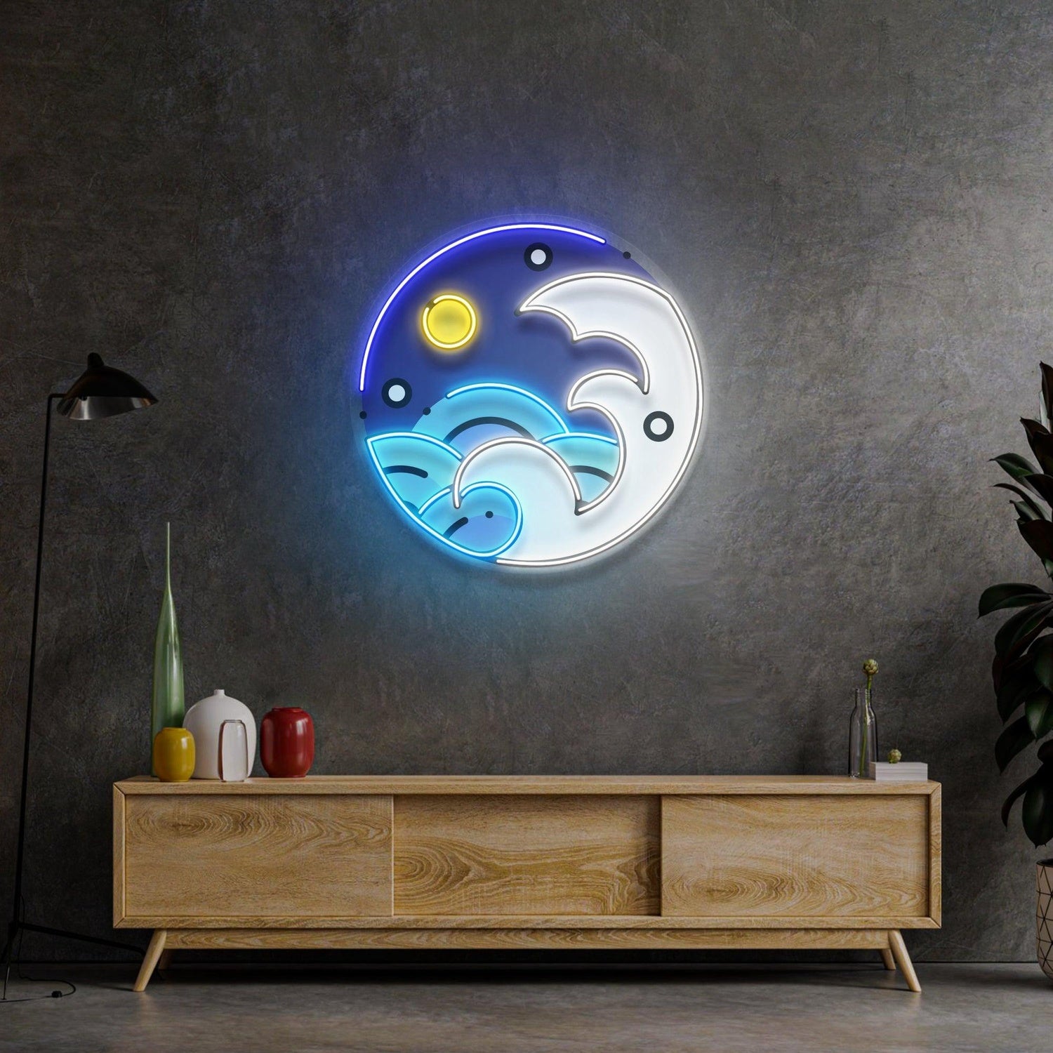 Japanese Ukiyo-E Sun Waves Blue Uv Printed Led Neon Sign Home Decor | Shineneon
