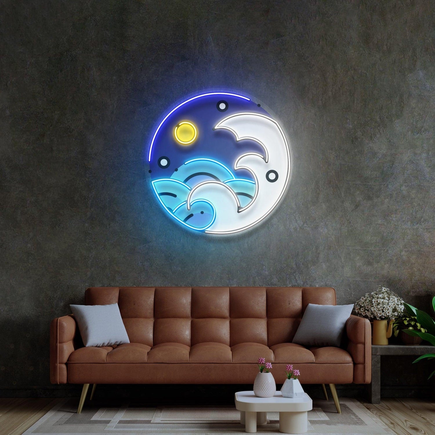 Japanese Ukiyo-E Sun Waves Blue Uv Printed Led Neon Sign Home Decor | Shineneon