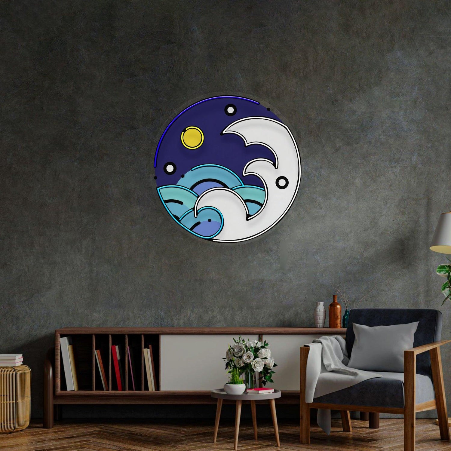 Japanese Ukiyo-E Sun Waves Blue Uv Printed Led Neon Sign Home Decor | Shineneon