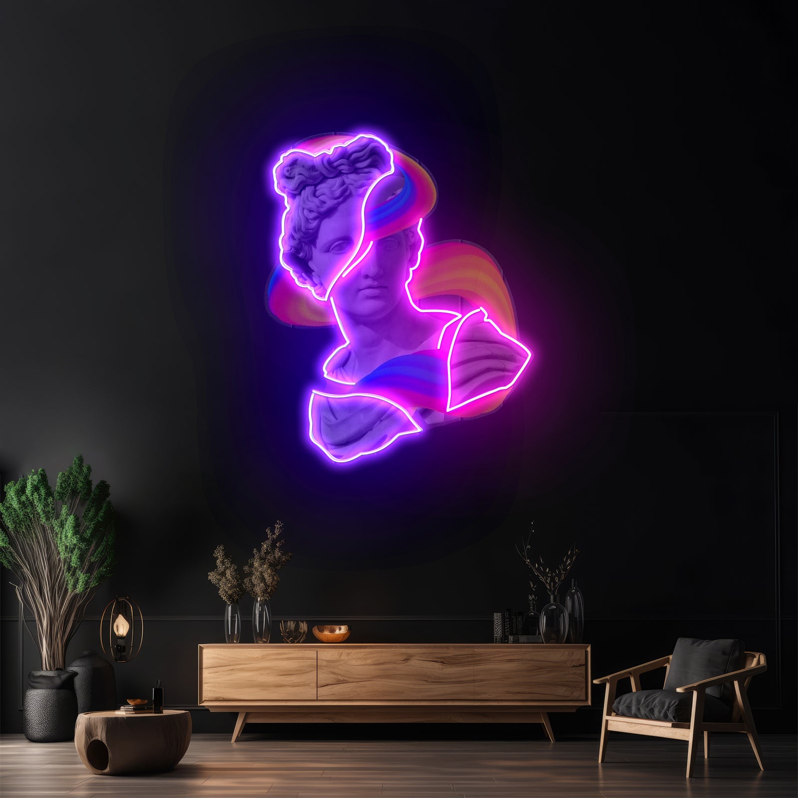 Jazzy Apollo Statue Neon Acrylic Artwork - Neon sign mounted on wall in room