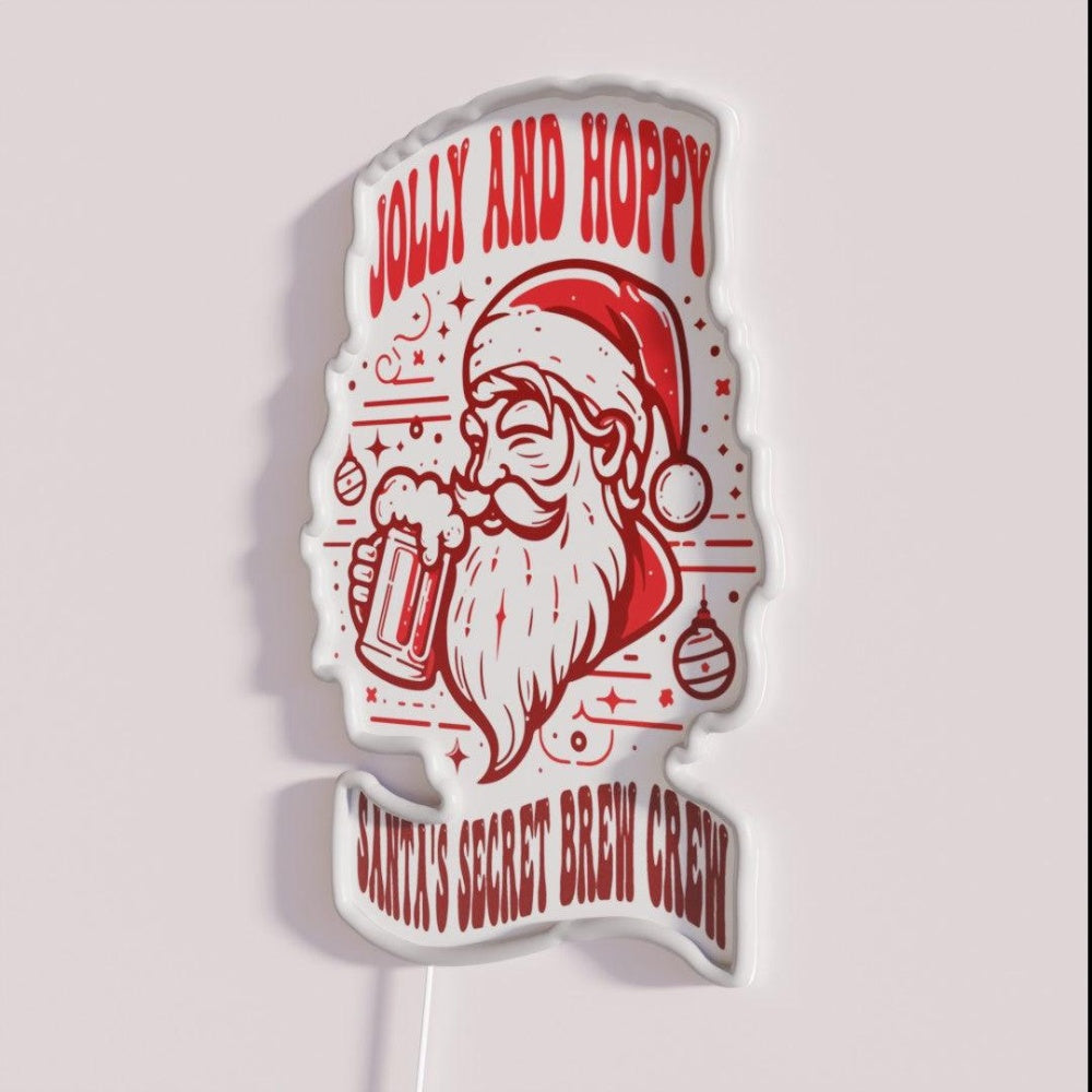 Jolly And Hoppy Santassecret Brew Crew Rgb Led Neon Sign - Neon sign mounted on wall in room