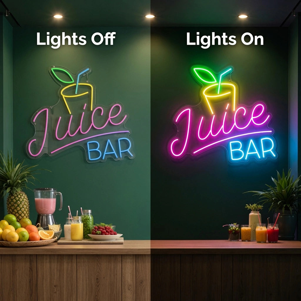 Juice Bar Room Decor LED Neon Sign - 06 Day Night Comparison