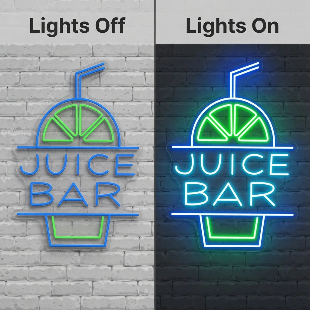 Juice Bar Wall Art LED Neon Sign - 06 Day Night Comparison