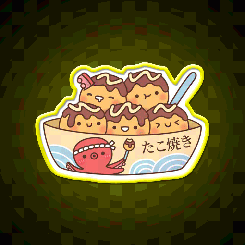 Kawaii Japanese Food Takoyaki Octopus Balls Snack Food Led Neon Sign Rgb Color - Custom LED neon sign front view