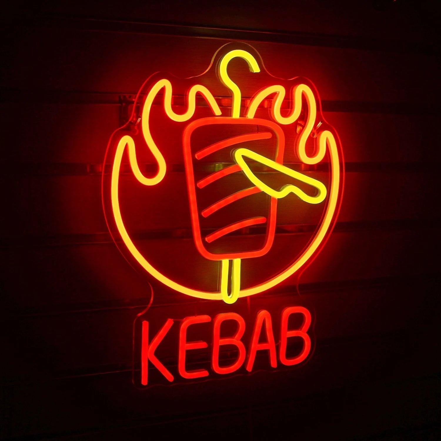 Kebab Flame And Knife Red - Yellow Led Neon Sign For Restaurant Decor - Shineneon